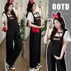 实拍2026春季新款熊猫印花显白减龄牛仔背带裤俏皮可爱孕妇套装