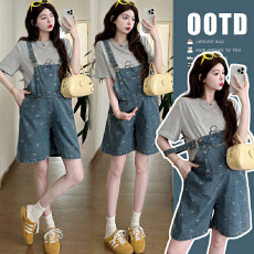 实拍2026夏季潮妈孕妇薄牛仔背带短裤蝴蝶结减龄两件套潮妈套装