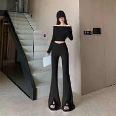 批发设计感开叉微喇裤 2025秋季新款高腰显瘦时百搭蕾丝拼接休闲<b class='q'>长裤</b>