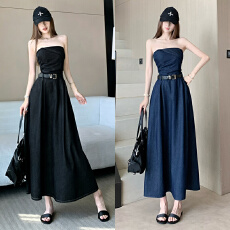 批发美式复古天丝<b class='q'>牛仔</b>抹胸连衣裙 高级感纯欲风显高显瘦时尚百搭长裙