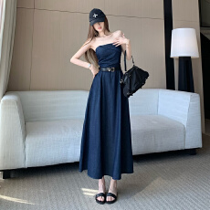 批发美式复古天丝<b class='q'>牛仔</b>抹胸连衣裙 高级感纯欲风显高显瘦时尚百搭长裙