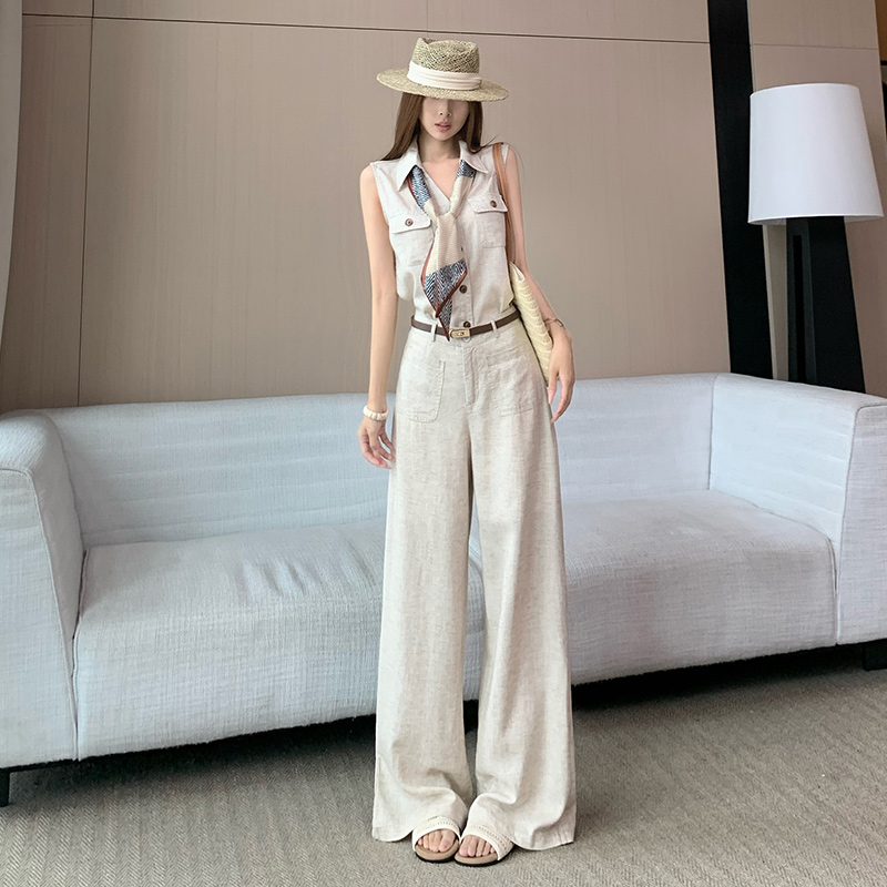 품격 전체 집합 ootd 착용 가져 가라. 한 부서 오래된 돈 바람 민소매 맨위 경기 스카프 스트레이트 와이드 레그 팬츠 벨트 포함