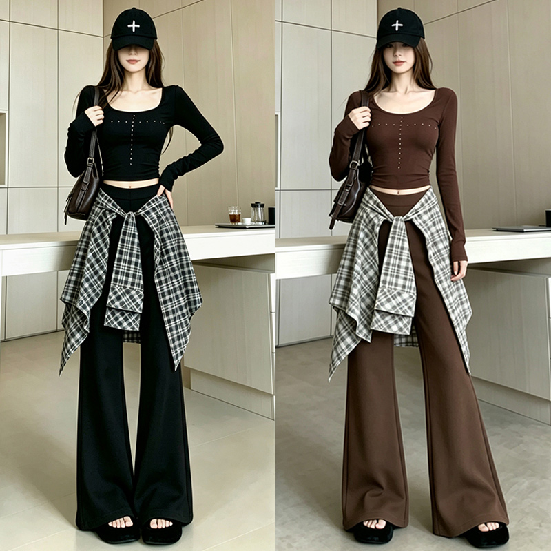 设计感真两件格子屁帘微喇裤新款垂感微喇裤配百搭格子屁帘 服裝批發女裝批發服飾貨源
