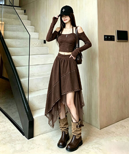 디자인 센스 불규칙 허리밴드 반신 스커트 새로운 레트로 사슴 캐시미어 레이스 망사 패치워크 다용도 치마