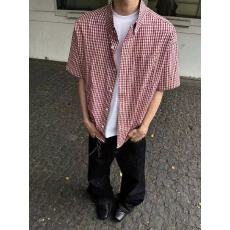 批发网图 美式休闲格纹短袖衬衫男女中性风夏季百搭格子短款衬衣上衣