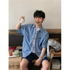 批发原版面料 miu系蓝白格子衬衫2025夏季撞色格纹韩系百搭短袖衬衫男
