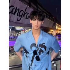 批发韩版ins岛屿椰树印花宽松蓝色古巴领度假沙滩休闲衬衫上衣男潮流