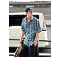 批发原版泡泡纱 蓝色格子短袖衬衫男夏季<b class='q'>日系</b><b class='q'>复古</b>褶皱纹理感半袖衬衣