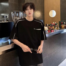 批发美式高街拼接夏季短袖t恤男高级感痞帅设计感重磅圆领半袖衫