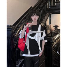 批发夏季小众解构双层拼接设计感短袖T恤男垫肩绑带撞色韩版宽松重磅