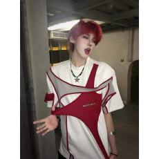 批发解构双层拼接垫肩重磅短袖t恤男夏季美式高街潮牌男模穿搭五分袖