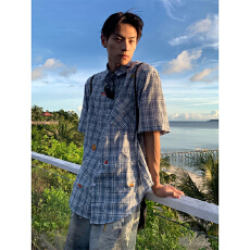 批发美式潮牌格子衬衫男夏季水果贴纸短袖衬衣设计感小众情侣宽松上衣