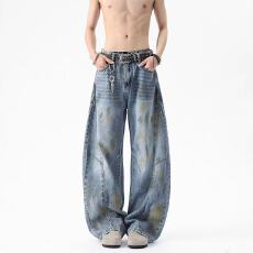 批发原版水洗 美式废土风做旧水洗弯刀牛仔裤男夏季潮牌阔腿裤牛仔裤
