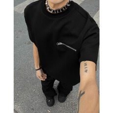 批发美式cleanfit重磅拉链短袖男款夏季设计感t恤痞帅小领口正肩半袖