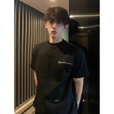 批发重磅美式cleanfit拉链短袖男生设计感t恤夏季小领口潮牌高街半袖