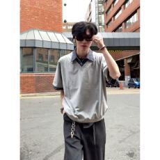 批发假两件灰色正肩翻领短<b class='q'>袖</b>男夏季美式复古重磅polo衫潮牌高街<b class='q'>半截</b><b class='q'>袖</b>