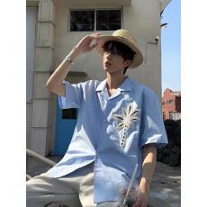 批发韩版刺绣设计感翻领衬衣短袖男2025夏季新款宽松潮流休闲百搭衬衫