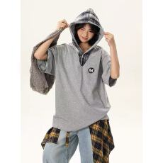批发美式复古假两件格子拼接连帽短<b class='q'>袖</b>T恤夏季设计感宽松潮牌<b class='q'>半截</b><b class='q'>袖</b>ins