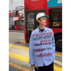 批发重影标语字母印花竖条纹衬衫男美式街头潮牌宽松松弛感<b class='q'>春</b>秋季新款