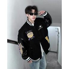 美式潮牌字母植绒刺绣棒球服外套男春秋痞帅pu皮拼接袖夹克