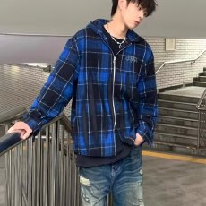 批发男女同款设计感连帽格子衬衫春秋做旧衬衣宽松小众复古上衣