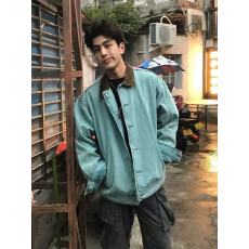 批发孔雀蓝翻领拼接<b class='q'>牛仔</b><b class='q'>外套</b>男春秋水洗帆布棒球服美式底特律工装夹克