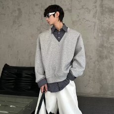 批发2025春秋新款美式复古假两件衬衫领卫衣男条纹拼色套头长袖外套男