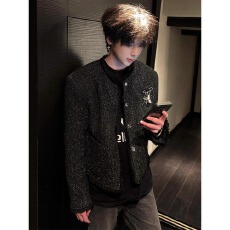 批发老钱风西装男春秋廓形短款无领设计款西服痞帅高级感小香风外套男