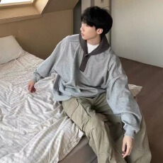 批发cleanfit灰色v领卫衣男款秋冬针织连帽衫毛线拼接设计感小众外套