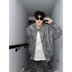 批发美式复古扎染皮衣外套男春<b class='q'>秋</b>款潮牌拼接设计飞行员夹克短款棒球服