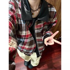 批发美式复古休闲格子双面穿PU皮夹克男<b class='q'>秋</b>冬季高街潮牌宽松机车服外套