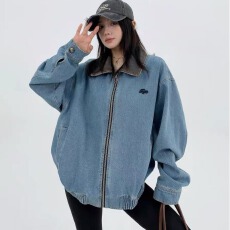 批发秋季新款美式短款做旧PU皮拼接牛仔外套女宽松复古情侣夹克潮