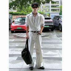 批发假两件拼接条纹长袖衬衫男款白色正肩衬衣痞帅高级感男模穿搭上衣