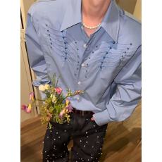 批发蛇瞳脊骨蓝色衬衫男高级感痞帅小众铆钉刺绣长袖衬衣外套男模穿搭