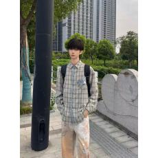 批发新款秋季美式复古拼接撞色<b class='q'>长袖</b>衬衫男女日系休闲格子衬衣情侣