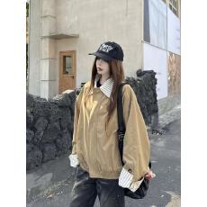 批发<b class='q'>日系</b><b class='q'>复古</b>卡其色纽扣拼接条纹翻领休闲外套女秋季休闲百搭长袖夹克