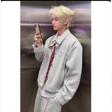 批发灰色假两件卫衣开衫男款痞帅高级感条纹拼接衬衫美式cleanfit外套