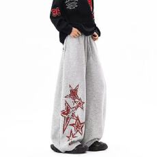 批发美式慵懒风弯刀印花抽绳阔腿卫裤男女款休闲垂感街舞百搭拖地长裤