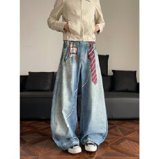 批发美式复古蓝弯刀牛仔裤男女同款春秋季宽松阔腿裤扎染设计感长裤潮