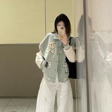 批发350g毛呢+加厚皮 美式复古街头字母刺绣棒球服外套女<b class='q'>秋</b>冬情侣夹克