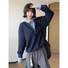 批发纯棉复合 千鸟格假两件polo领卫衣男秋季半拉链长袖t恤美式外套