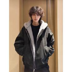 批发原版面料工艺 黑色pu皮连帽座山雕棉服外套男女冬季加厚廓形棉衣