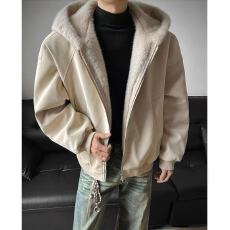 批发原版荔枝纹皮+全兔毛绒 美式连帽座山雕皮衣外套棉服男女毛领棉衣