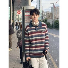 批发百花绒刷毛 美式慵懒覆古宽松polo领条纹毛衣<b class='q'>男</b>女秋冬老钱风