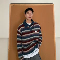 批发百花绒刷毛 美式复古polo领条纹毛衣<b class='q'>男</b>秋冬宽松休闲慵懒针织衫