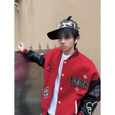 350g毛呢+加厚皮 美式街头棒球服外套女秋冬撞色拼接重磅夹克上衣