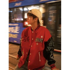 350g毛呢+加厚皮 美式重磅潮牌撞色棒球服外套男秋季新款高街小众