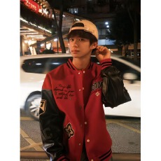 批发350g毛呢+加厚皮 美式重磅潮牌撞色棒球服外套男秋季新款高街小众