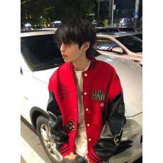 350g毛呢+加厚皮 美式街头棒球服外套男秋冬撞色拼接重磅夹克上衣