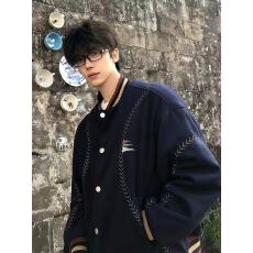 批发全刺绣 藏青色潮牌刺绣棒球服毛呢<b class='q'>外套</b>男秋季穿搭保暖夹克